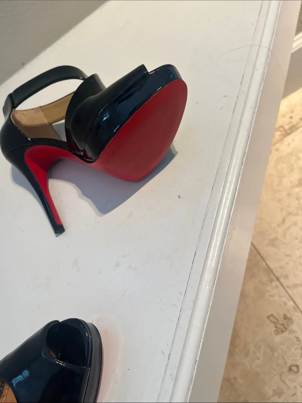 Michael Kors Black Patent Cross-Strap Peep-Toe Platform Heels w/red bottoms!